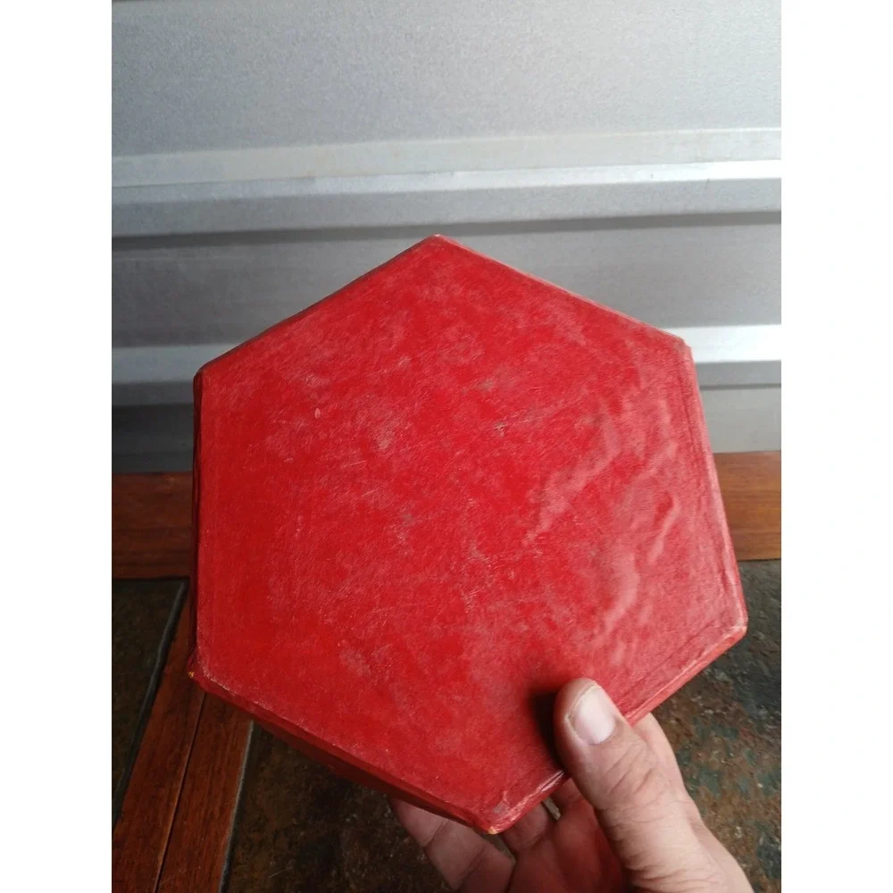 Vintage Kashmiri Papier Mache Hexagonal Trinket‎ Box Red Floral Stenciled 6